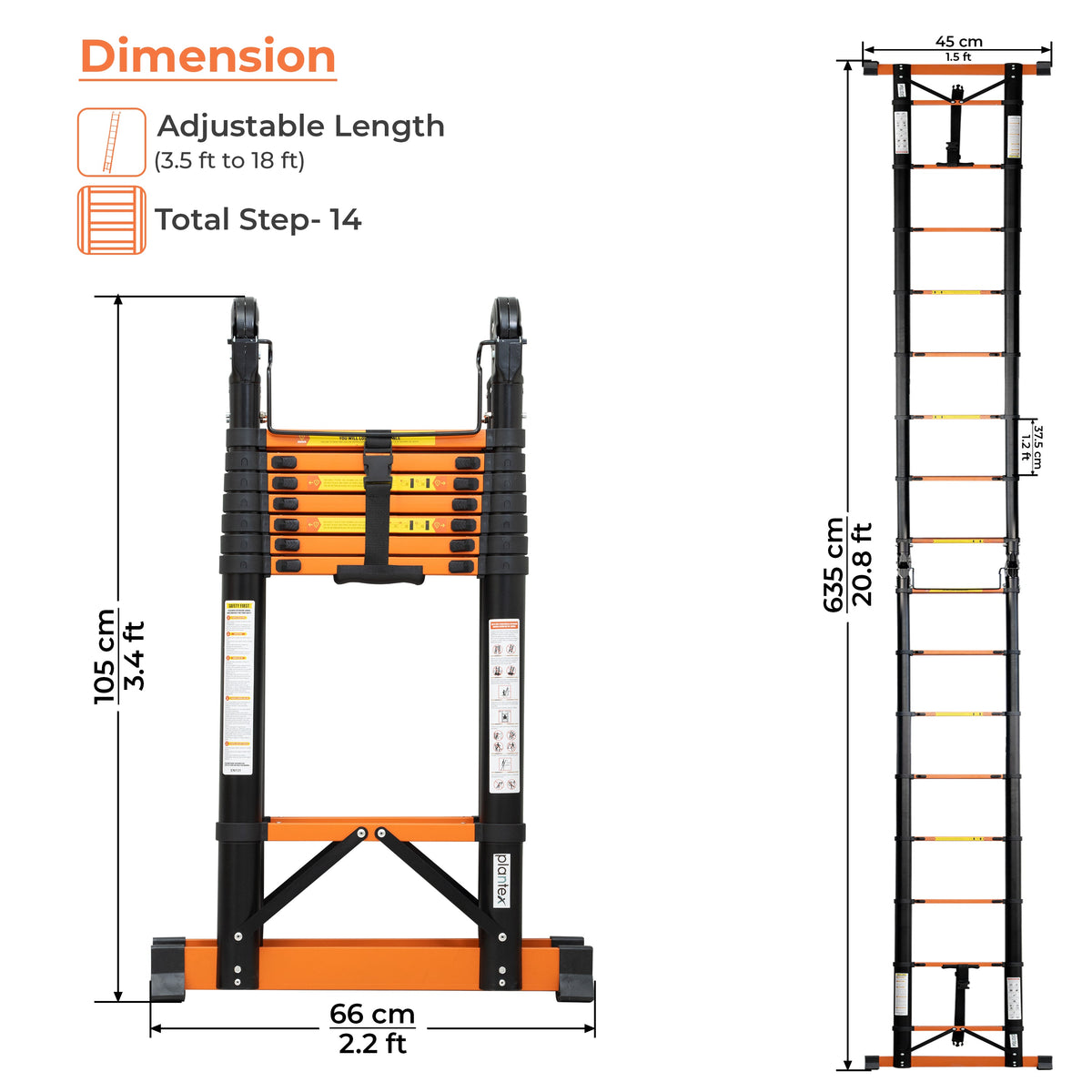 Plantex (3.3+3.3m) (21.65 ft.) Telescopic Ladder/Carbon Steel A Type (Dual) Portable & Compact Ladder/Foldable Multipurpose Collapsible Ladder for Home & Outdoor Use - (Orange)