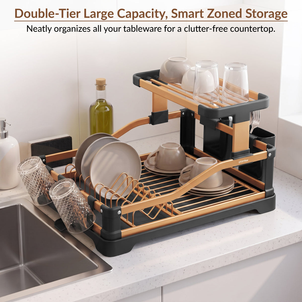 Plantex Fold Flat Dish Drying Rack/Aluminium 2-Tier Dish Rack with Drainboard/Vessel Drainer Basket/Plate Holder Stand/Kitchen Rack - Pack of 1 (Gold & Black)-3