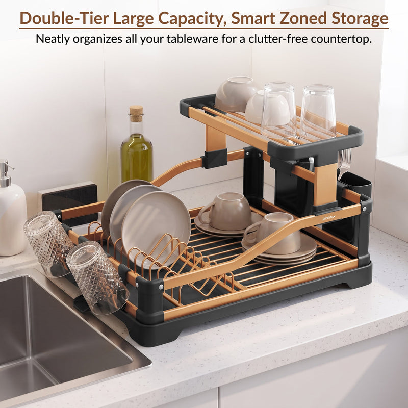 Plantex Fold Flat Dish Drying Rack/Aluminium 2-Tier Dish Rack with Drainboard/Vessel Drainer Basket/Plate Holder Stand/Kitchen Rack - Pack of 1 (Gold & Black)-3