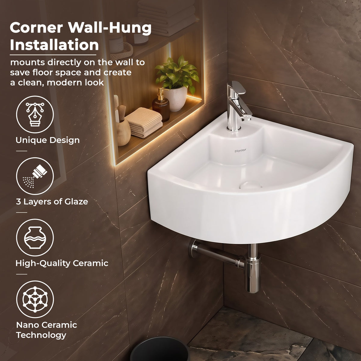 Plantex White Ceramic Corner Washbasin/Wall Mount Basin for Bathroom/Wall Hung Wash Basin/Small Corner Sink/10 Years Glaze Warranty by Plantex (Cornia - 16 x 16 x 10 Inch)-5