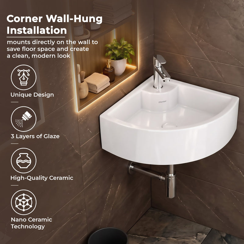 Plantex White Ceramic Corner Washbasin/Wall Mount Basin for Bathroom/Wall Hung Wash Basin/Small Corner Sink/10 Years Glaze Warranty by Plantex (Cornia - 16 x 16 x 10 Inch)-5