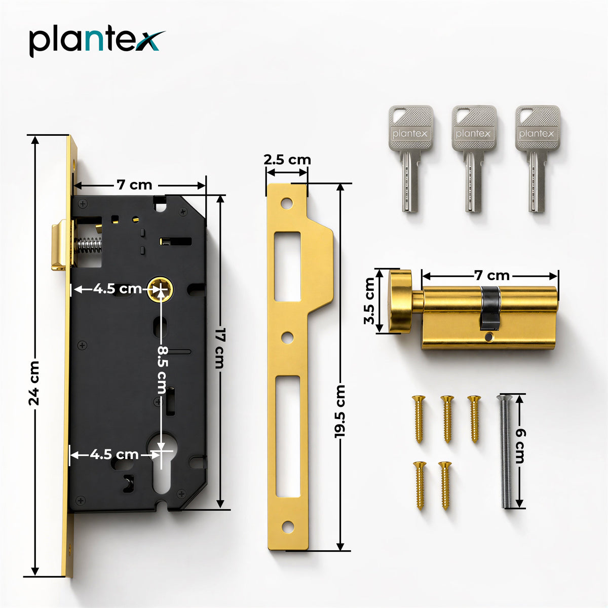 Plantex Mortise Door Lock Set with Brass Cylinder & Keys/Heavy-Duty Main Door Lock Body - Pack of 1 (PVD Gold)-2