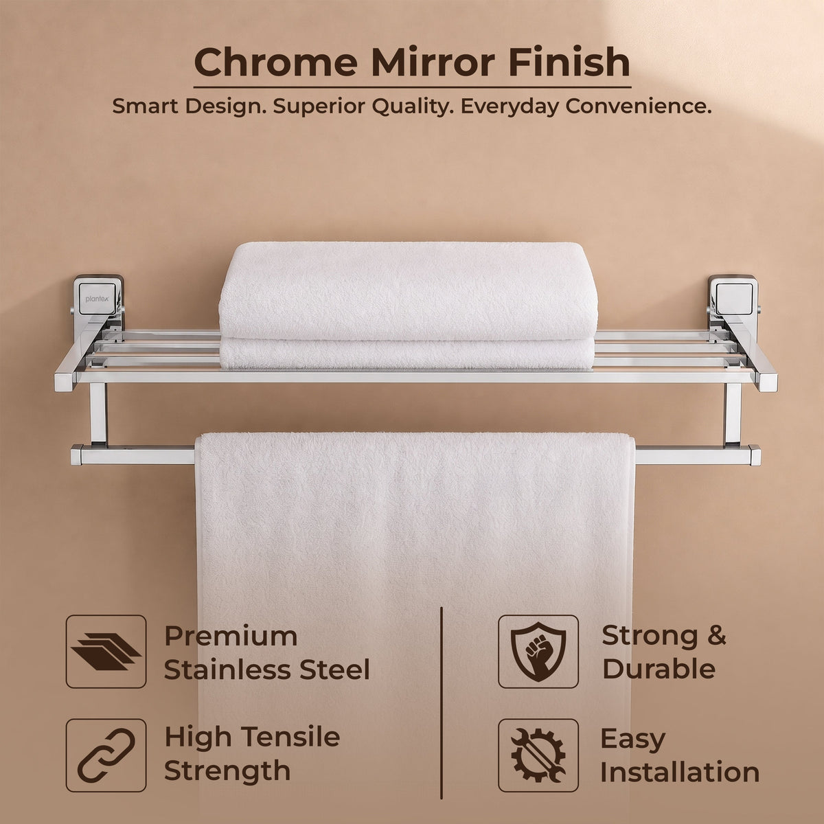 Plantex 304 Grade Stainless Steel 24 inch Towel Rack for Bathroom/Towel Stand/Hanger/Bathroom Accessories - Darcy (Chrome)-2