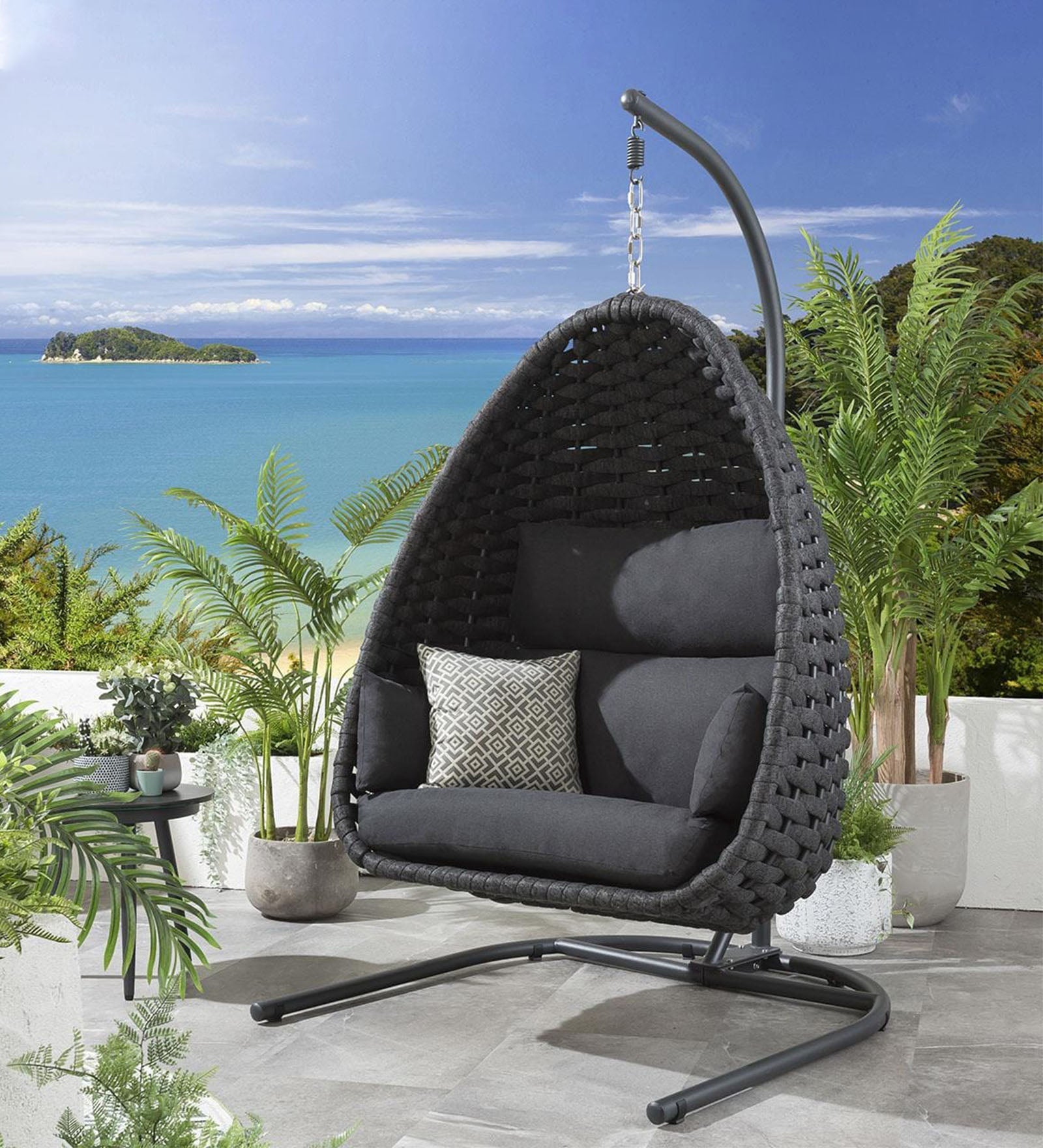 Eurig Single Seater Hanging Swing With Stand For Balcony, Garden (Grey) Braided & Rope