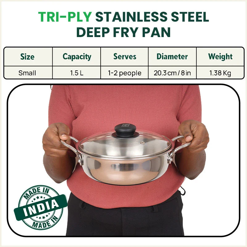 TurboCuk Tri-ply Stainless Steel Deep Fry Pan+ Glass Lid, Premium Quality, 3 Layer Thick Body, 100% Toxin-free, Non-stick, Induction & Gas, 20.3cm, 1.5 L, 1.38kg