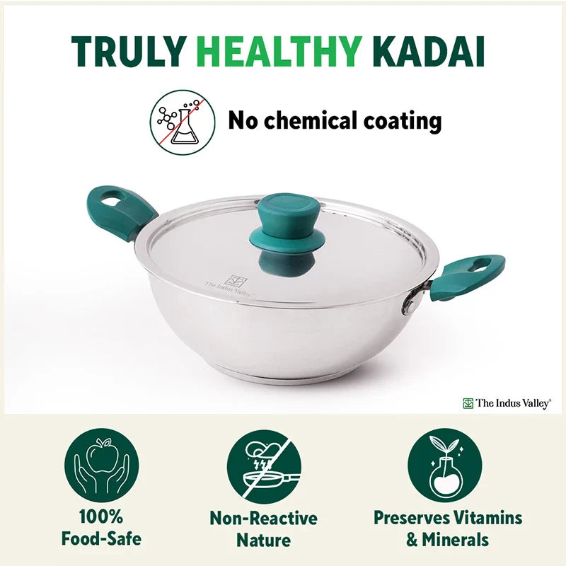 Tri-Steel Stainless Steel Kadai+ Lid, Premium Quality, Tri-ply (3 Layer) Bottom, Cool-touch Handles, 100% Toxin-free, Non-stick, Induction & Gas, 1.6/2.1/3.4/4.5 L, 20/22/26/28 cm