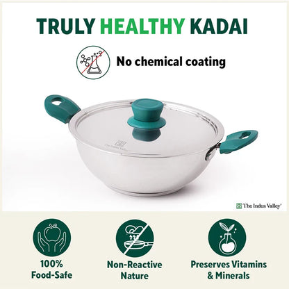 Tri-Steel Stainless Steel Kadai+ Lid, Premium Quality, Tri-ply (3 Layer) Bottom, Cool-touch Handles, 100% Toxin-free, Non-stick, Induction & Gas, 1.6/2.1/3.4/4.5 L, 20/22/26/28 cm