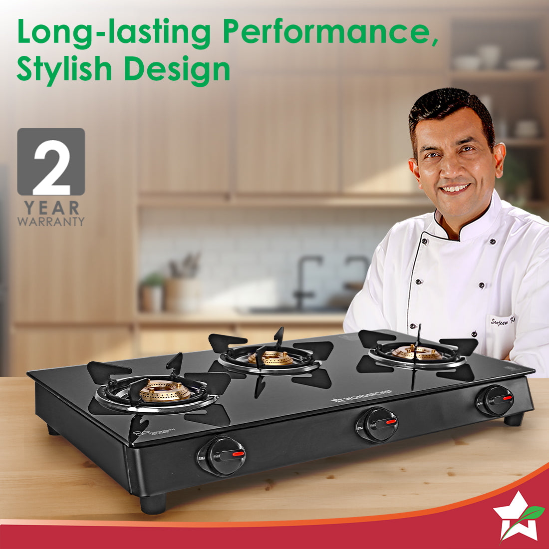 Wonderchef Zest Neo Gas Stove | 3 Burners (2 Medium, 1 Small) | Premium Glass Surface | Space Saving Design | Brass Burn