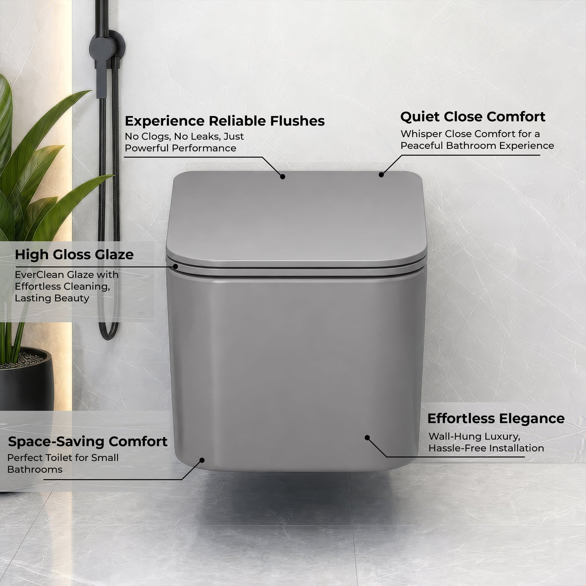 Plantex Imported Italica Ceramic Wall Hung Commode Toilet/Rimless Western Toilet/Washdown Commode with Soft Closing Toilet Seat - P Trap (Square - Matt Light Grey)-2