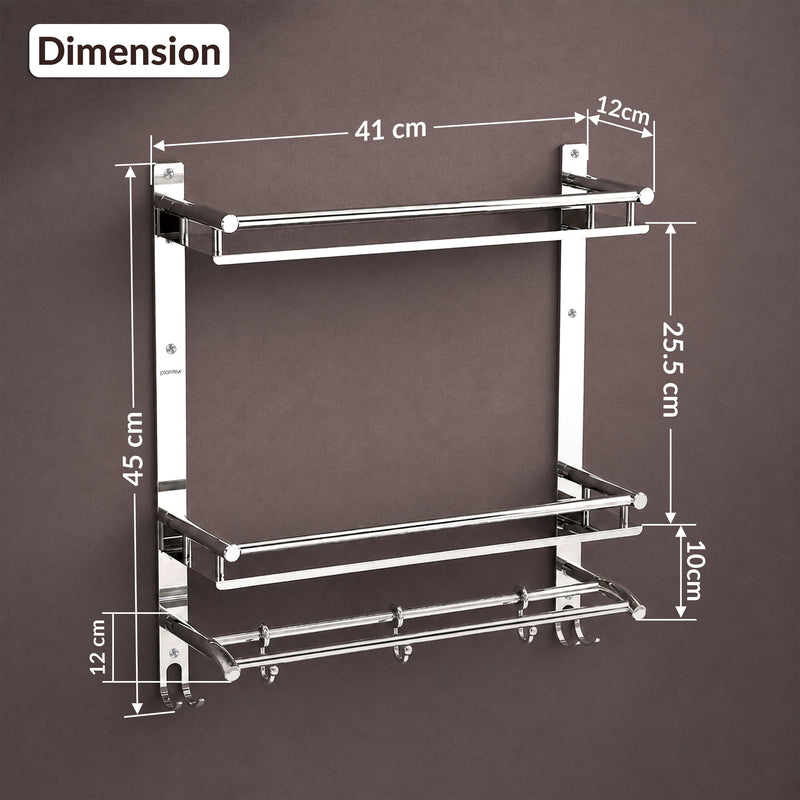 Plantex Bathroom Organiser with Drill/3 Tier Bathroom Accessories Set Stainless Steel/Bathroom Self Rack with Towel Hanger and Hooks/Wall Mount Rack Multipurpose(3-Tier Chrome)-2