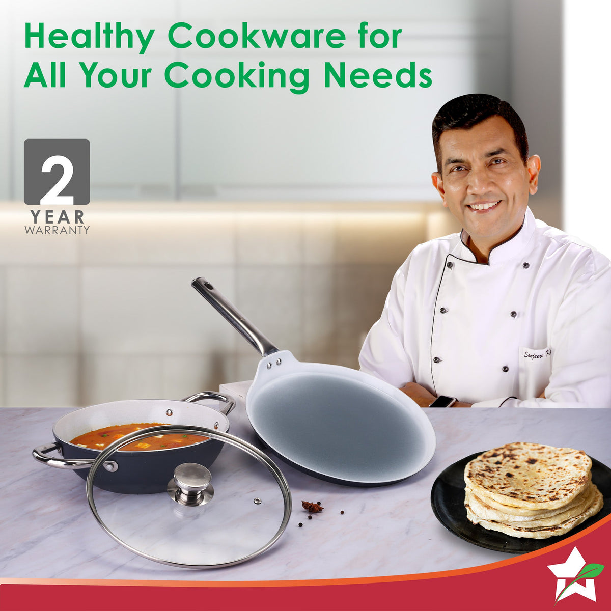 Wonderchef Eco-Glide Ceramic Cookware Set, Kadhai & Glass Lid-24cm, Dosa Tawa-28cm, Non-toxic, Chemical & PFOA Free, Gas