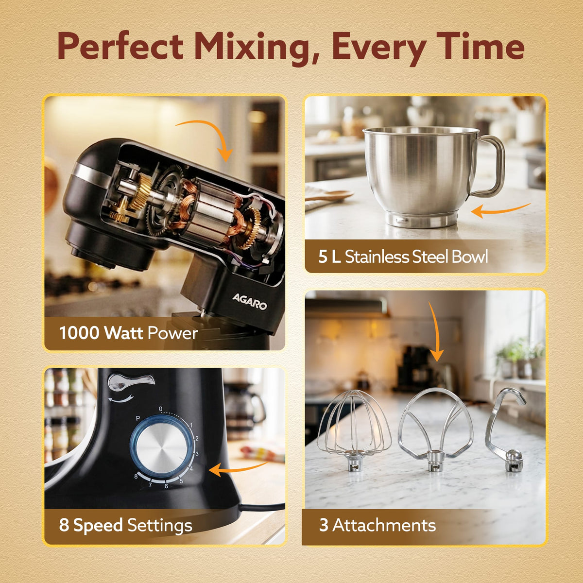 AGARO Royal Stand Mixer, Dough Maker Machine, 1000W Atta Maker, 100% Copper Motor, 5L SS Bowl, 8 Speed + Pulse Function,