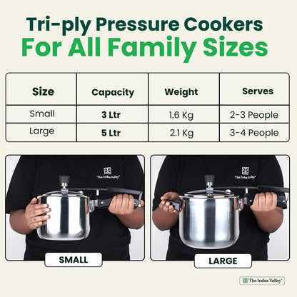 RapidCuk Tri-ply Stainless Steel Pressure Cooker, Inner Lid, Premium Quality, 3 Layer Thick Body, Heavy Bottom, 100% Safe, ISI Certified, 5 Yr Warranty, Induction & Gas, 3L/5L