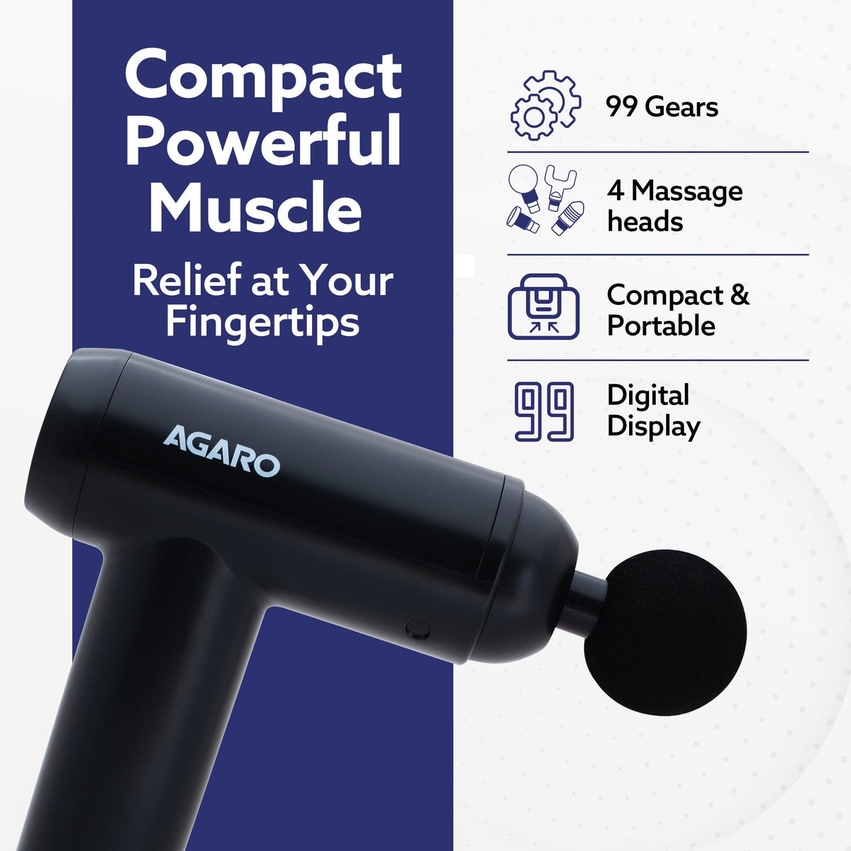 AGARO Imperial Gun Massager Deep Tissue Handheld Massager, Up to 99-Level Control, 4 Heads, Rechargable, Muscle Relaxati