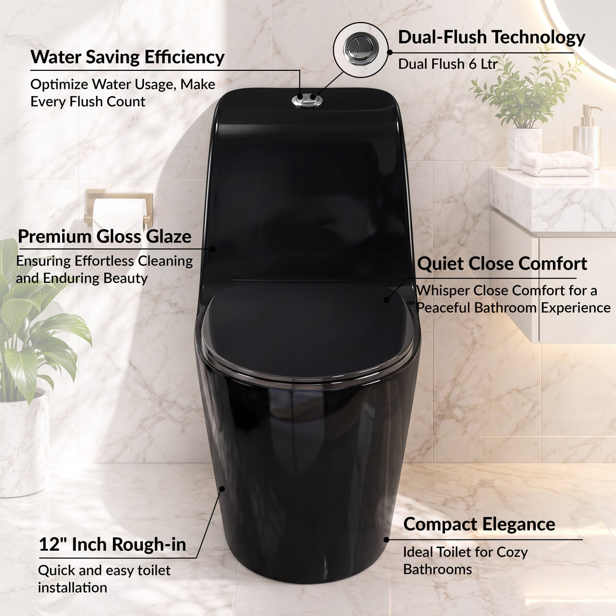 Plantex Ceramic Toilet for Commode/Siphonic Vacuum Jet Flush Ceramic Western Commode/One Piece Western Toilet with Soft Closing Toilet Seat - S Trap (Black)-3
