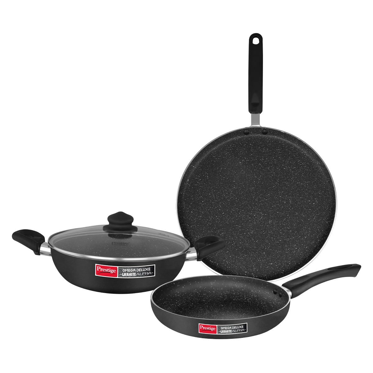 Prestige Electro Duo Infrared and Induction Combi Cooktop + Prestige Omega Deluxe Granite Alpha 3 Pc BYK Non-Stick Set: Kadai 24cm with Glass Lid, Omni Tawa 28cm, Fry Pan 24cm