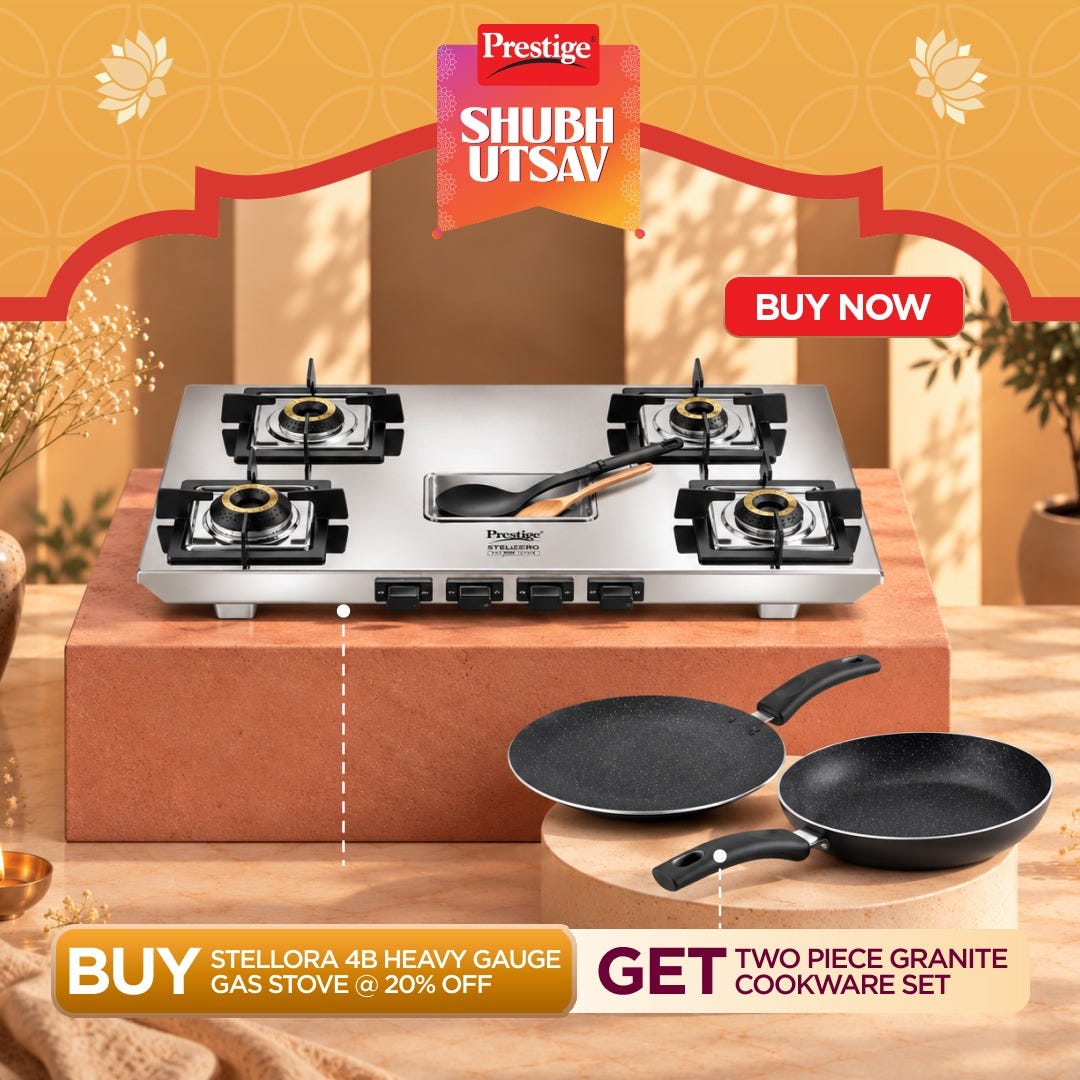 Prestige Stellora Stainless Steel L.P. Gas Stove (With Stainless Steel Body and 4 Unit Brass Burners), Prestige Omega Deluxe Granite Twin Pack | Fry Pan 24cm & Omni Tawa 25cm | Durable Granite Finish Coating | PFOA Free | Metal Spoon Friendly