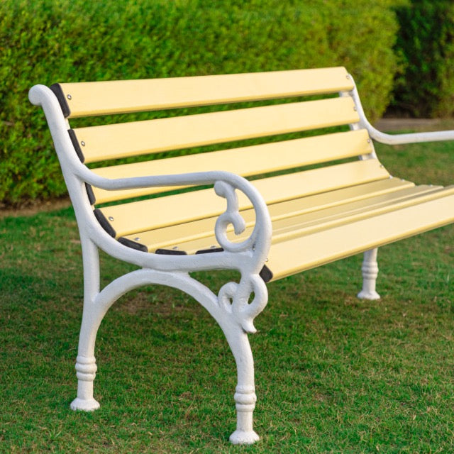 Trefor Cast Iron 3 Seater FRP Garden Bench for Outdoor Park - (Cream + White)
