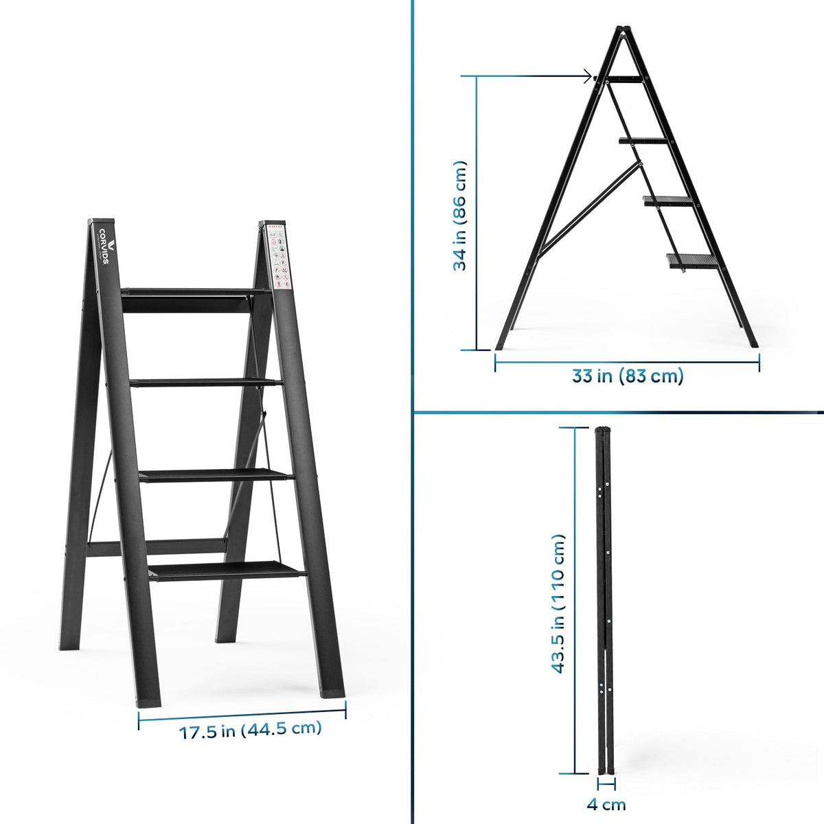 Corvids 4-Steps Premium Folding Step Stool with 2-Year Warranty (Black)