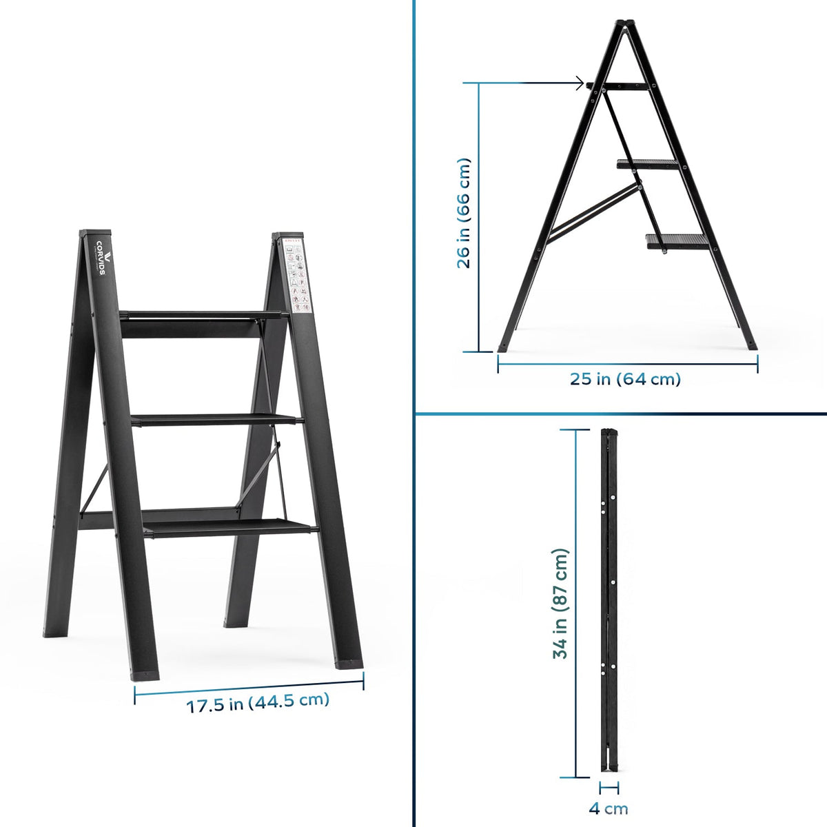 Corvids 3-Steps Premium Folding Step Stool with 2-Year Warranty (Black)
