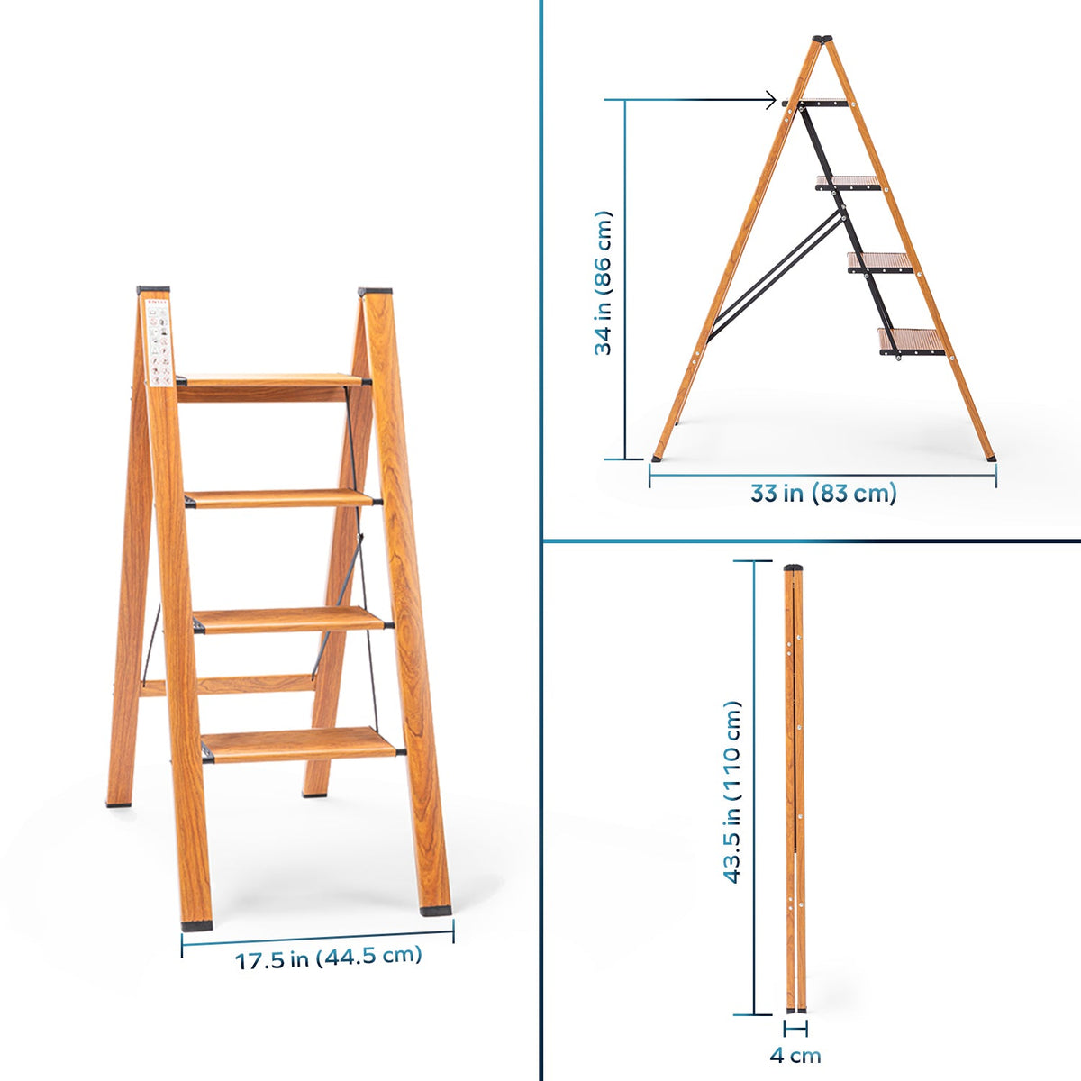 Corvids 4-Steps Premium Folding Step Stool | 2-Year Warranty | Wide Anti-Slip Pedal, Portable Lightweight Aluminum Step Ladder for Home and Office Use (Teak)