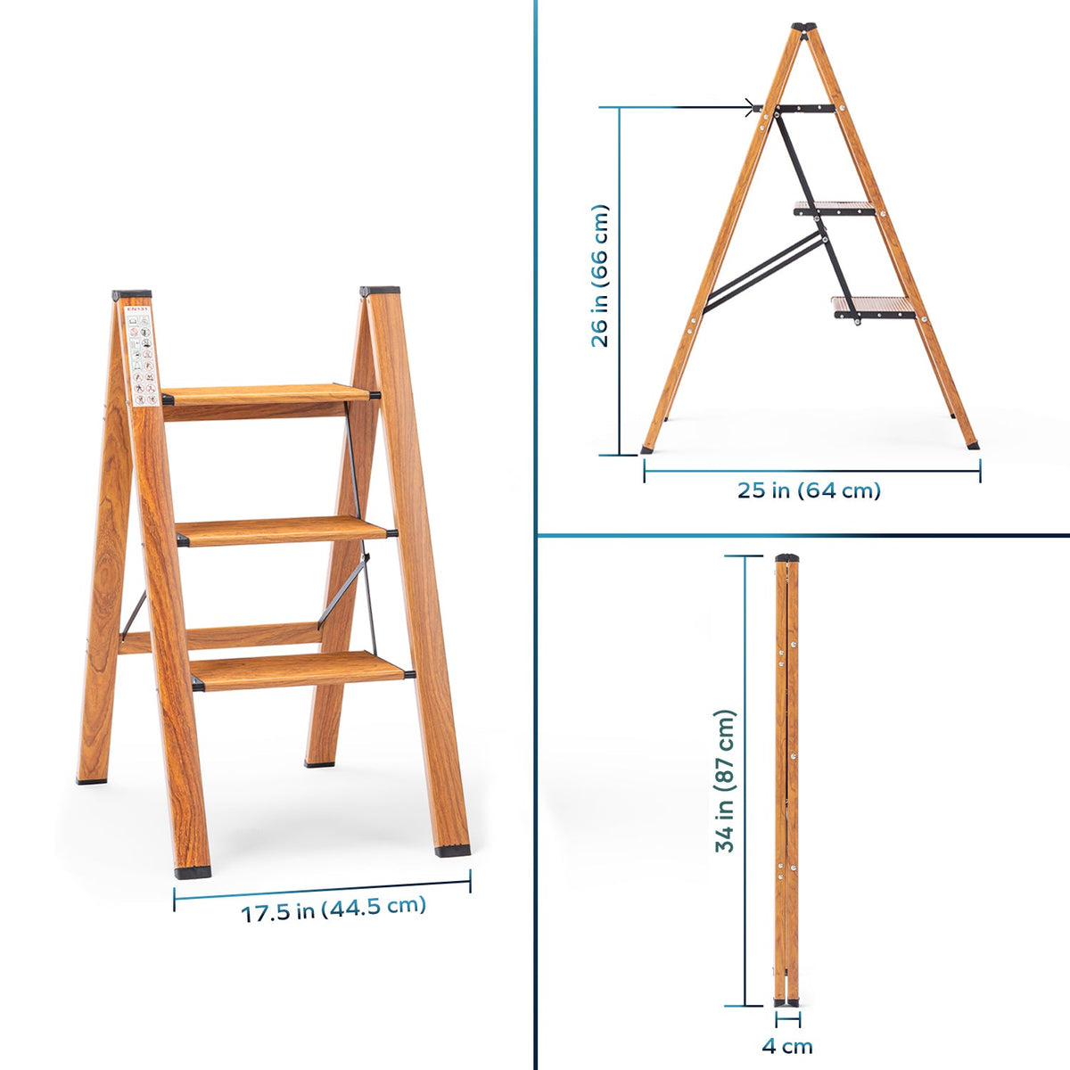 Corvids 3-Steps Premium Folding Step Stool | 2-Year Warranty | Wide Anti-Slip Pedal, Portable Lightweight Aluminum Step Ladder for Home and Office Use (Teak)