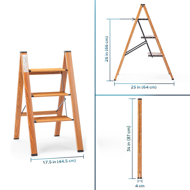 Corvids 3-Steps Premium Folding Step Stool | 2-Year Warranty | Wide Anti-Slip Pedal, Portable Lightweight Aluminum Step Ladder for Home and Office Use (Teak)-2