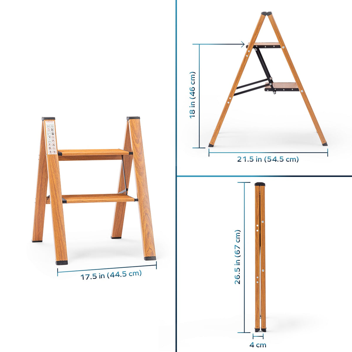 Corvids 2-Steps Premium Folding Step Stool | 2-Year Warranty | Wide Anti-Slip Pedal, Portable Lightweight Aluminum Step Ladder for Home and Office Use (Teak)