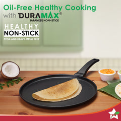Inducta Die-cast Dosa Tawa, 28cm, 4mm, Japanese Non-stick Coating, Cook with Less Oil, For Dosas, Rotis, Parathas, Omelettes, Pancakes, Compatible with All Cooktops, 2-Yr Warranty, Black