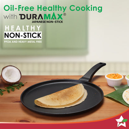 Inducta Die-cast Dosa Tawa, 28cm, 4mm, Japanese Non-stick Coating, Cook with Less Oil, For Dosas, Rotis, Parathas, Omelettes, Pancakes, Compatible with All Cooktops, 2-Yr Warranty, Black