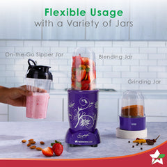 Nutri-blend 500W Mixer Grinder, 22000 RPM Motor, Smoothie Maker, Masala Grinder, Chutney Blender, 3 Unbreakable Jars & Sipper Jar, Recipe Book by Chef Sanjeev Kapoor, 2 Yr Warranty, Purple