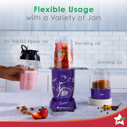 Nutri-blend 500W Mixer Grinder, 22000 RPM Motor, Smoothie Maker, Masala Grinder, Chutney Blender, 3 Unbreakable Jars & Sipper Jar, Recipe Book by Chef Sanjeev Kapoor, 2 Yr Warranty, Purple