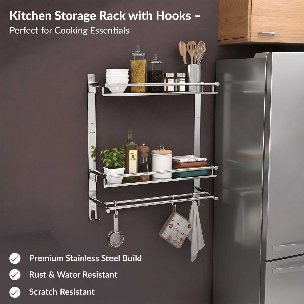 Plantex Bathroom Organiser with Drill/3 Tier Bathroom Accessories Set Stainless Steel/Bathroom Self Rack with Towel Hanger and Hooks/Wall Mount Rack Multipurpose(3-Tier Chrome)-4