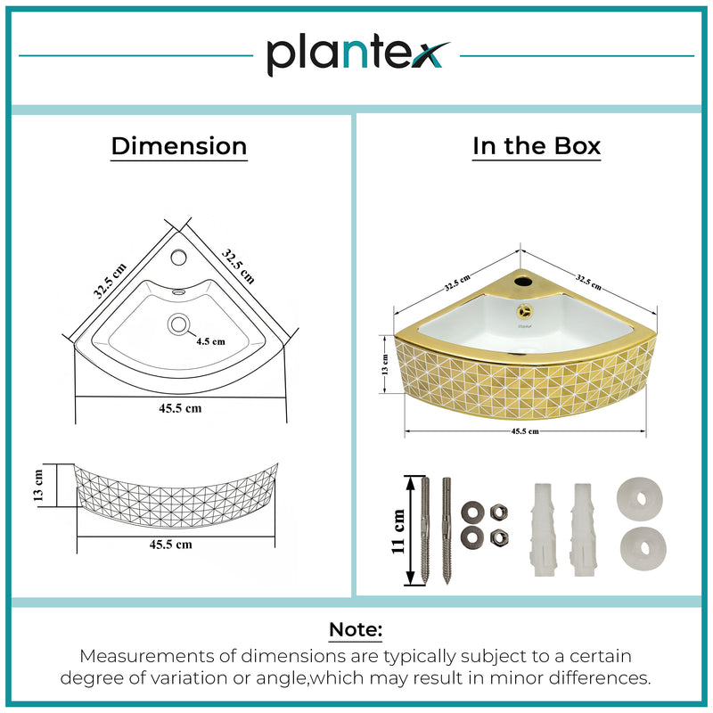 Plantex Ceramic Corner Basin/Wall Mount Washbasin for Bathroom/Small Corner Vessel Sink/Tabletop Wash Basin (Golden Cornia, 18 x 13 x 5 Inch)-2