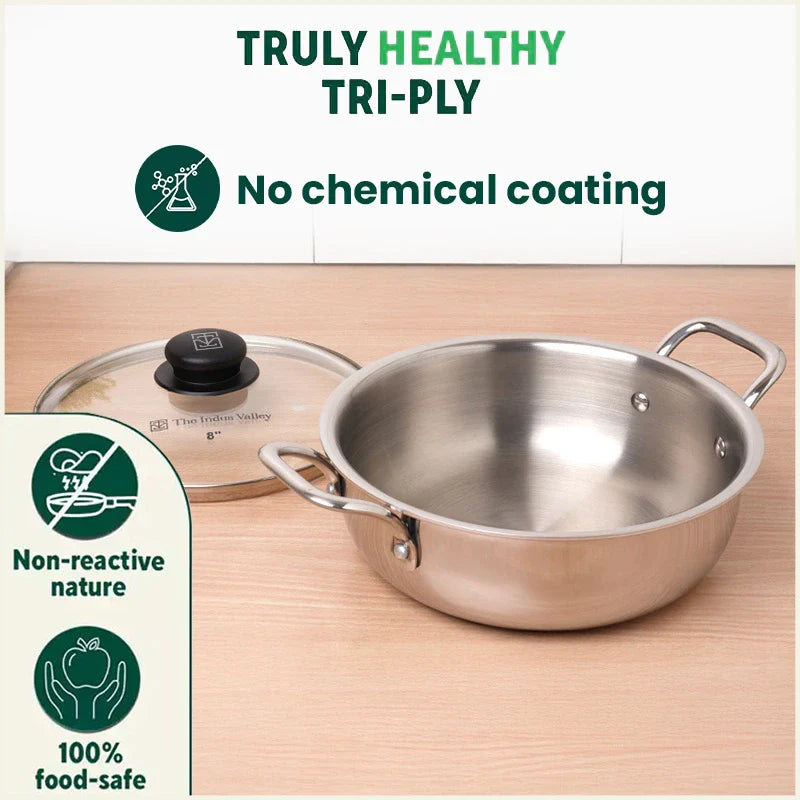 TurboCuk Tri-ply Stainless Steel Deep Fry Pan+ Glass Lid, Premium Quality, 3 Layer Thick Body, 100% Toxin-free, Non-stick, Induction & Gas, 20.3cm, 1.5 L, 1.38kg