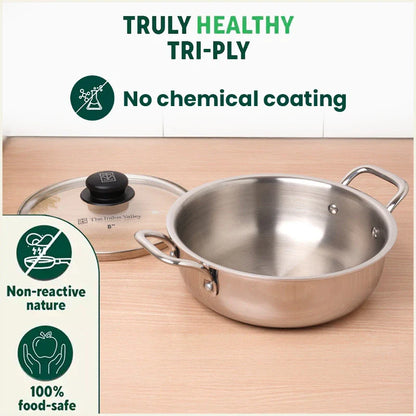 TurboCuk Tri-ply Stainless Steel Deep Fry Pan+ Glass Lid, Premium Quality, 3 Layer Thick Body, 100% Toxin-free, Non-stick, Induction & Gas, 20.3cm, 1.5 L, 1.38kg