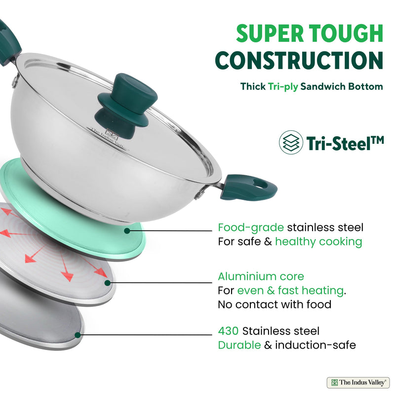 Tri-Steel Stainless Steel Kadai+ Lid, Premium Quality, Tri-ply (3 Layer) Bottom, Cool-touch Handles, 100% Toxin-free, Non-stick, Induction & Gas, 1.6/2.1/3.4/4.5 L, 20/22/26/28 cm