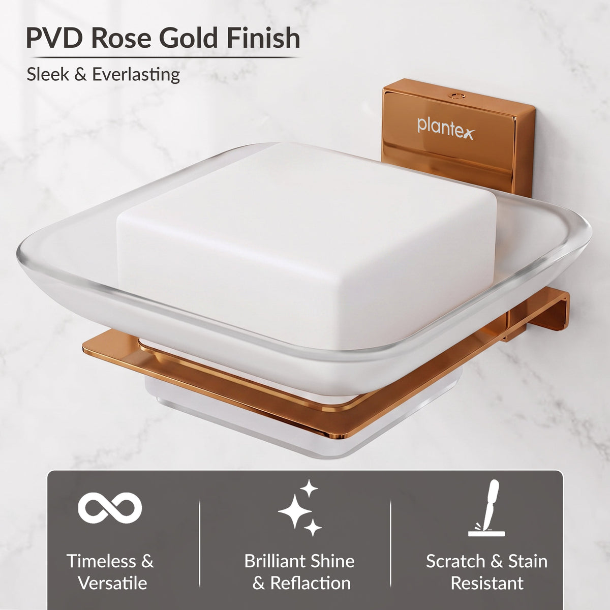 Plantex 304 Grade Stainless Steel Glass Soap Dish/Soap Stand/Soap Holder/Soap Storage/Bathroom Accessories - Crystal (PVD Rose Gold)-5