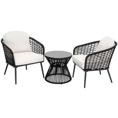 Spiff Outdoor Patio Seating Set 2 Chairs and 1 Table Set (Black + White) Braided & Rope
