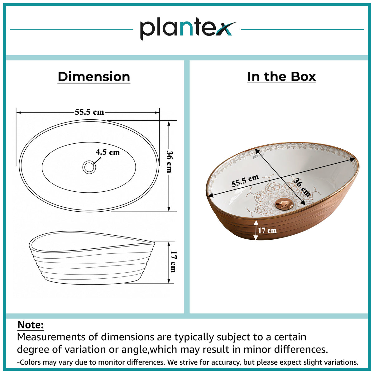 Plantex Designer Ceramic Basin/Table Top Wash Basin for Bathroom/Countertop Vessel Sink Basin for Home/Office/Restaurant (White & Rose Gold, 22 x 14 x 7 Inch)-2