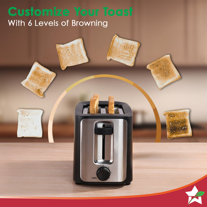 Roma 2-Slice Pop-up Toaster with Lid Cover, 6 Browning Options for Golden Crispy Bread Toasts, Mid-Cycle Cancel Function, Crumb Tray, 2-Yr Warranty, Black, Automatic Electric Toaster