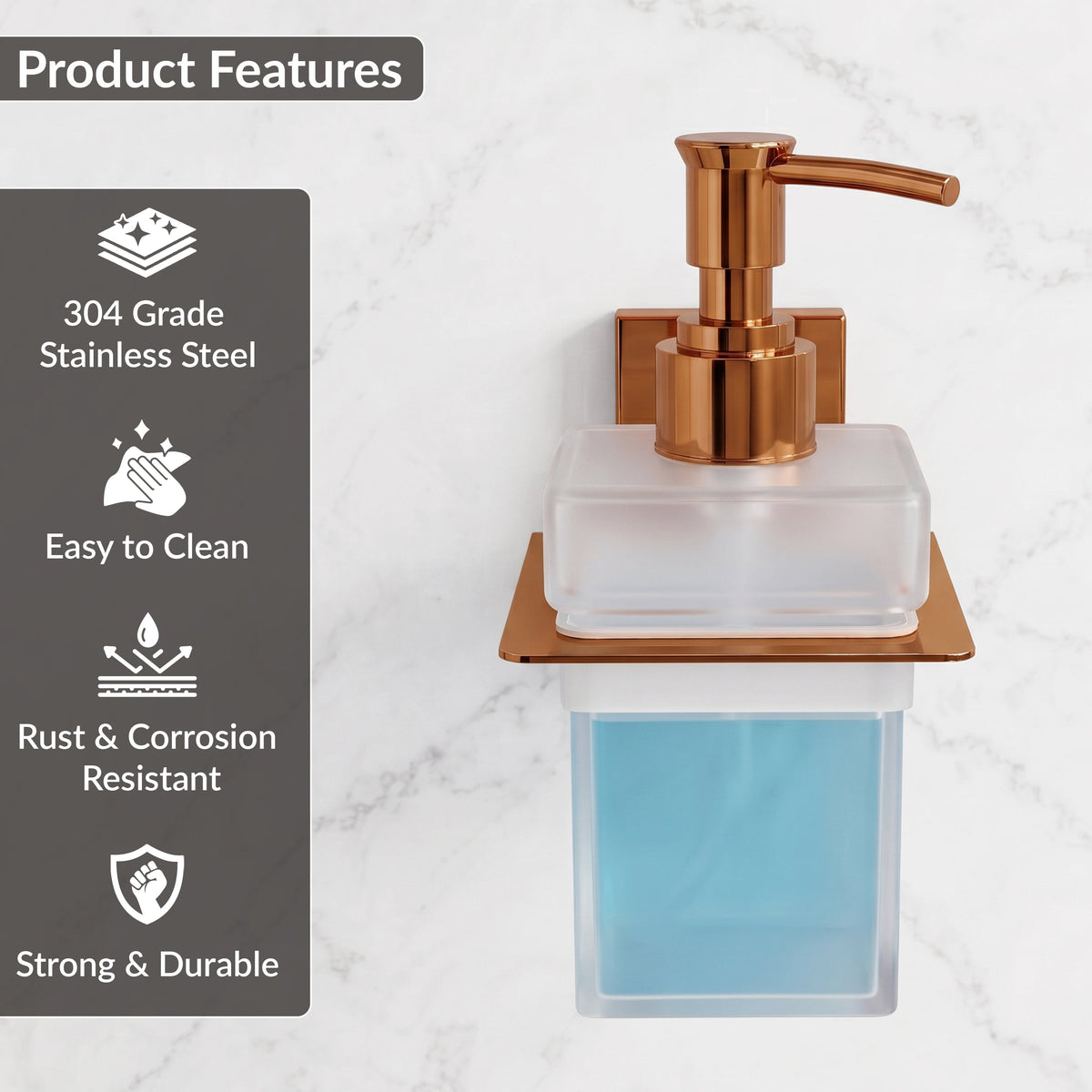 Plantex 304 Grade Stainless Steel Liquid Soap Dispenser for Bathroom/Frosted Glass Hand wash Dispenser/Bathroom Accessories - Pack of 1 (Crystal, PVD Rose Gold)-5