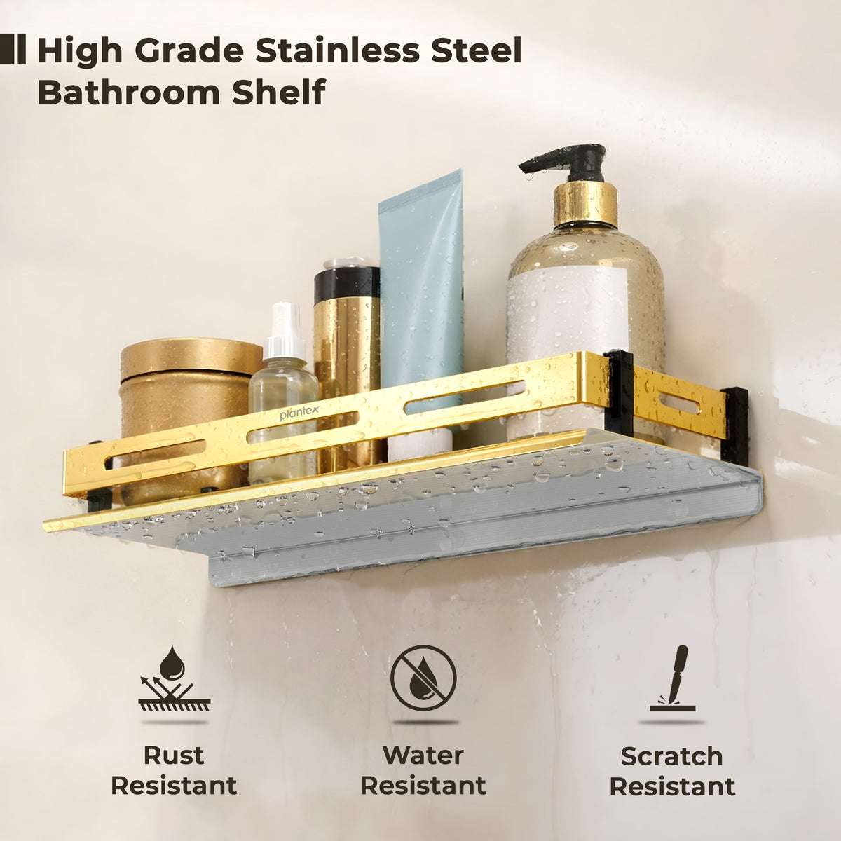 Plantex Stainless Steel Shelf for Bathroom/Multipurose Shelf for Bathroom/Wall Shelf Rack- (15 x 5 Inch, PVD Gold)-3
