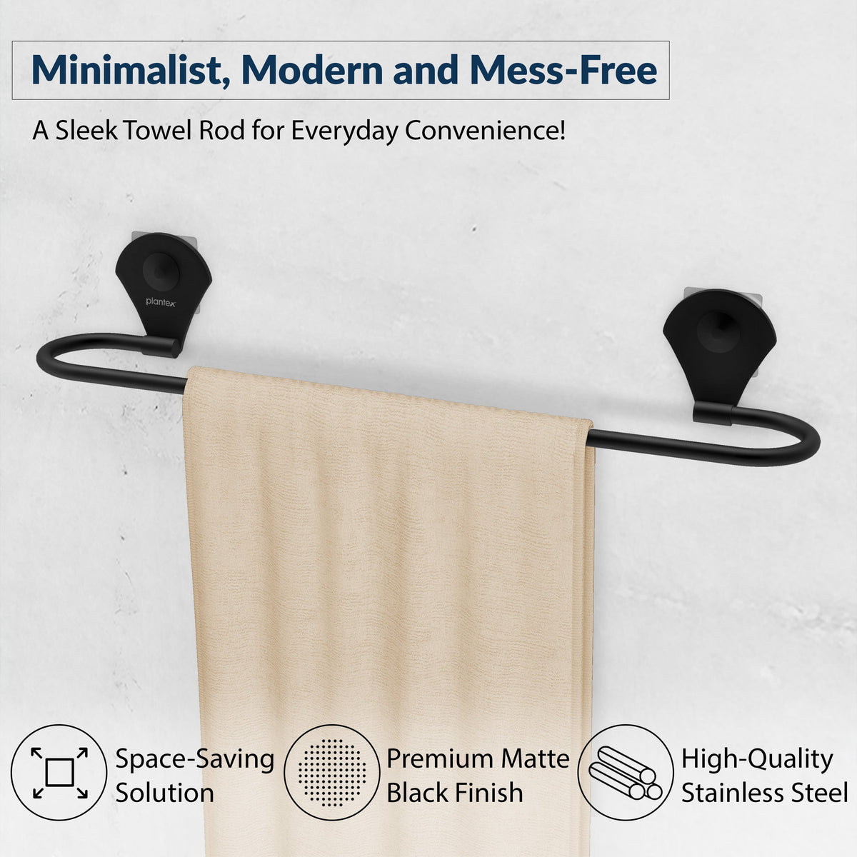 Plantex 24 Inch Self-Adhesive Stainless Steel Towel Hanger/Bathroom Towel Holder for Wall Without Drill/Towel Hanger Stand/Bathroom Accessories - (Royal, Black)-4