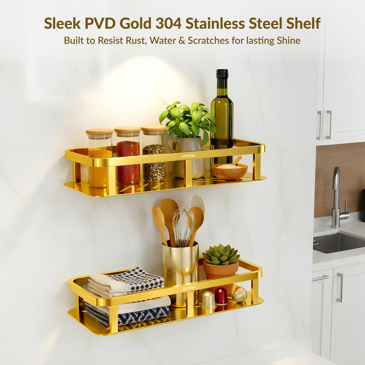 Plantex SS - 304 Grade Shelf for Bathroom/Storage Organizer/Kitchen Rack - Bathroom Accessories- Pack of 1 (12X5 Inches-PVD Gold Finish)-3