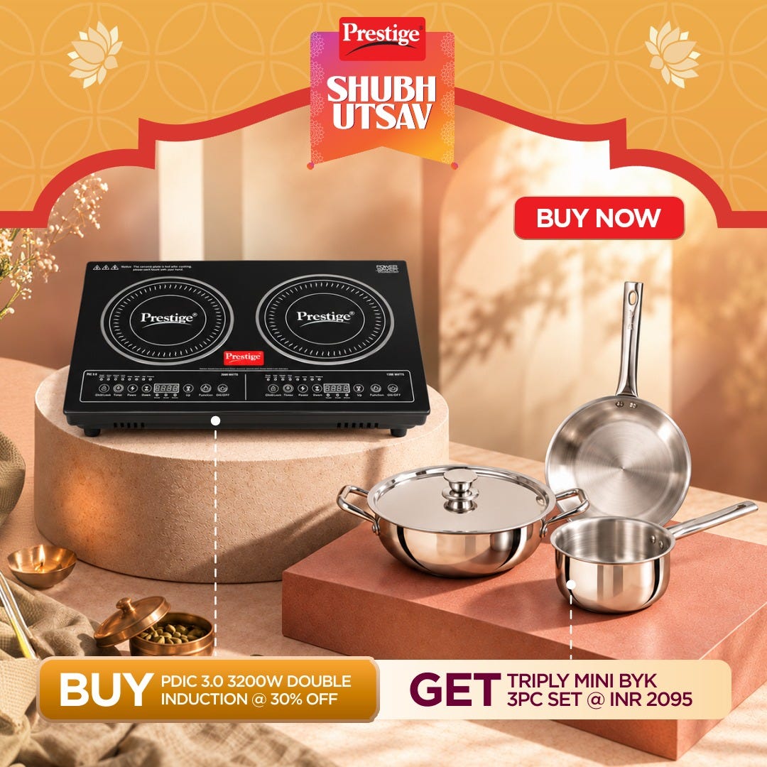 Prestige Double Induction Cooktop (PDIC 3.0) + Prestige TRIPLY Splendid 4 Pc Cookware Set: Fry Pan 22cm, Kadai 22cm, Saucepan 14cm, SS Lid 24cm, Gas & Induction Compatible, 15Y Warranty