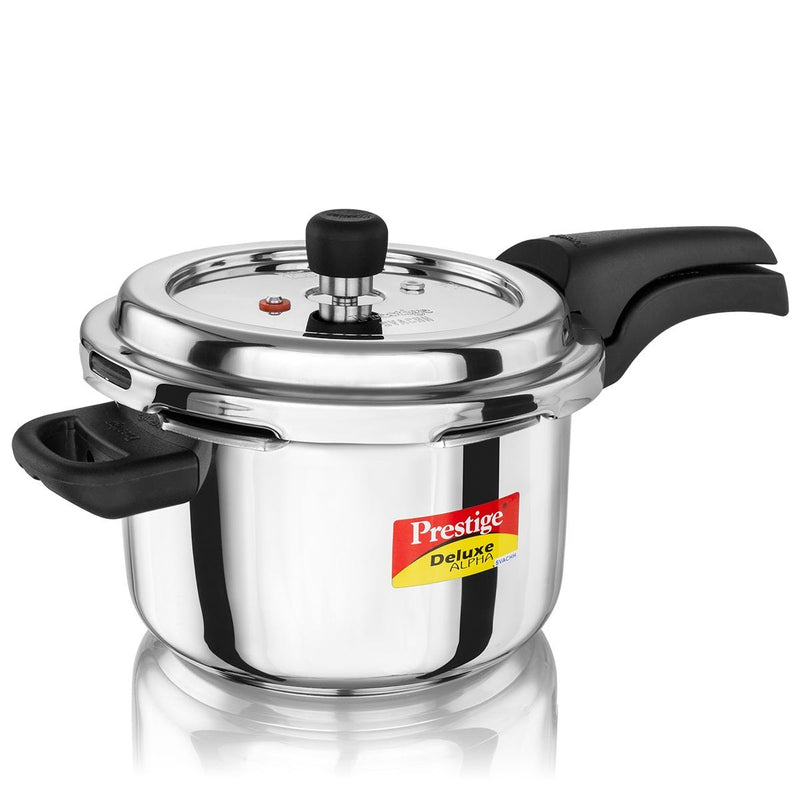 Prestige Deluxe Alpha Svachh Stainless Steel Spillage Control Pressure Cooker, 4 L (Silver), Prestige Omega Deluxe Granite Non-stick Round Base Omni Tawa, 25 cm (Black)