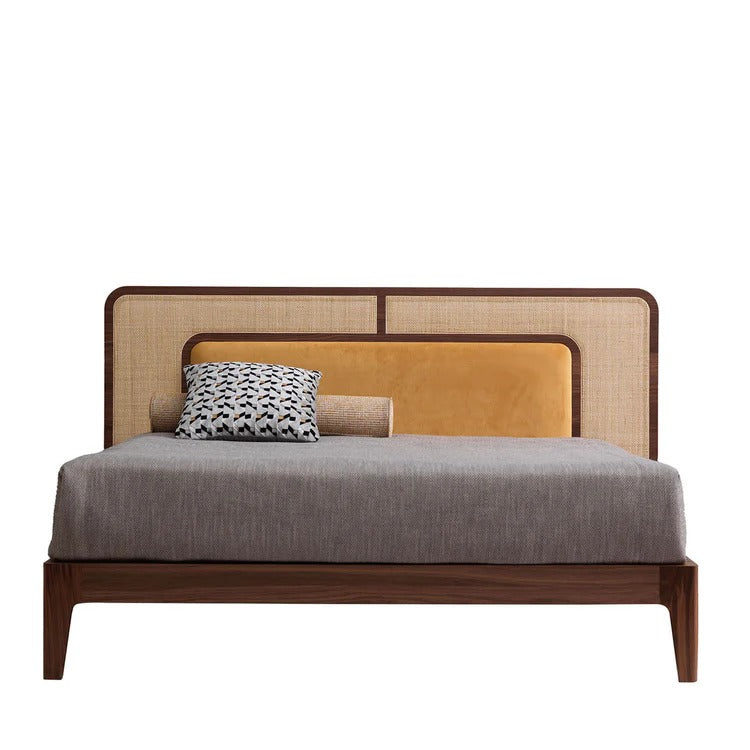 Mid-Century Wooden Bed with Cane & Upholstered Headboard