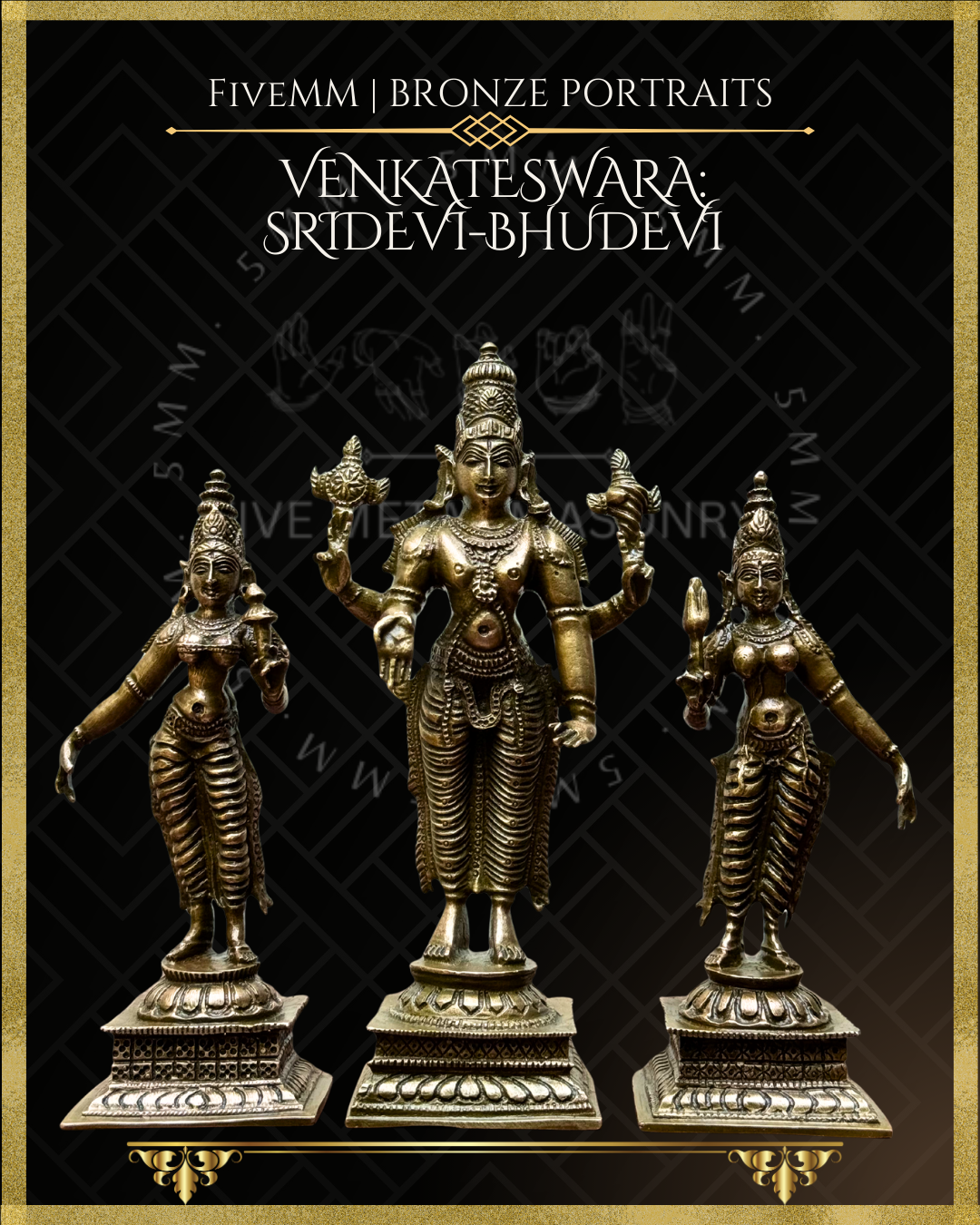 Venkateswara-Sridevi-Bhudevi  Panchaloha Bronze Icon Set - 6"