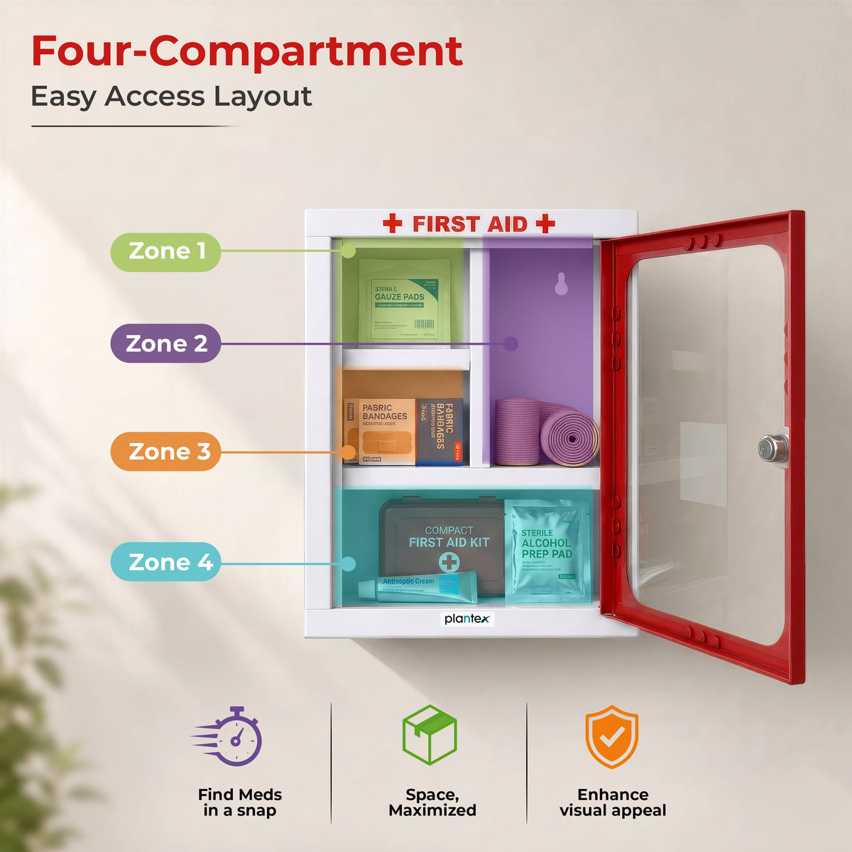 Plantex First Aid Box/Medicine Storage Box/Emergency First Aid Kit Box/Medical Box for Home, School & Office/Medicine Organizer with Multi Compartment - (Red & White) Big Size Wall Mount GI Steel-3